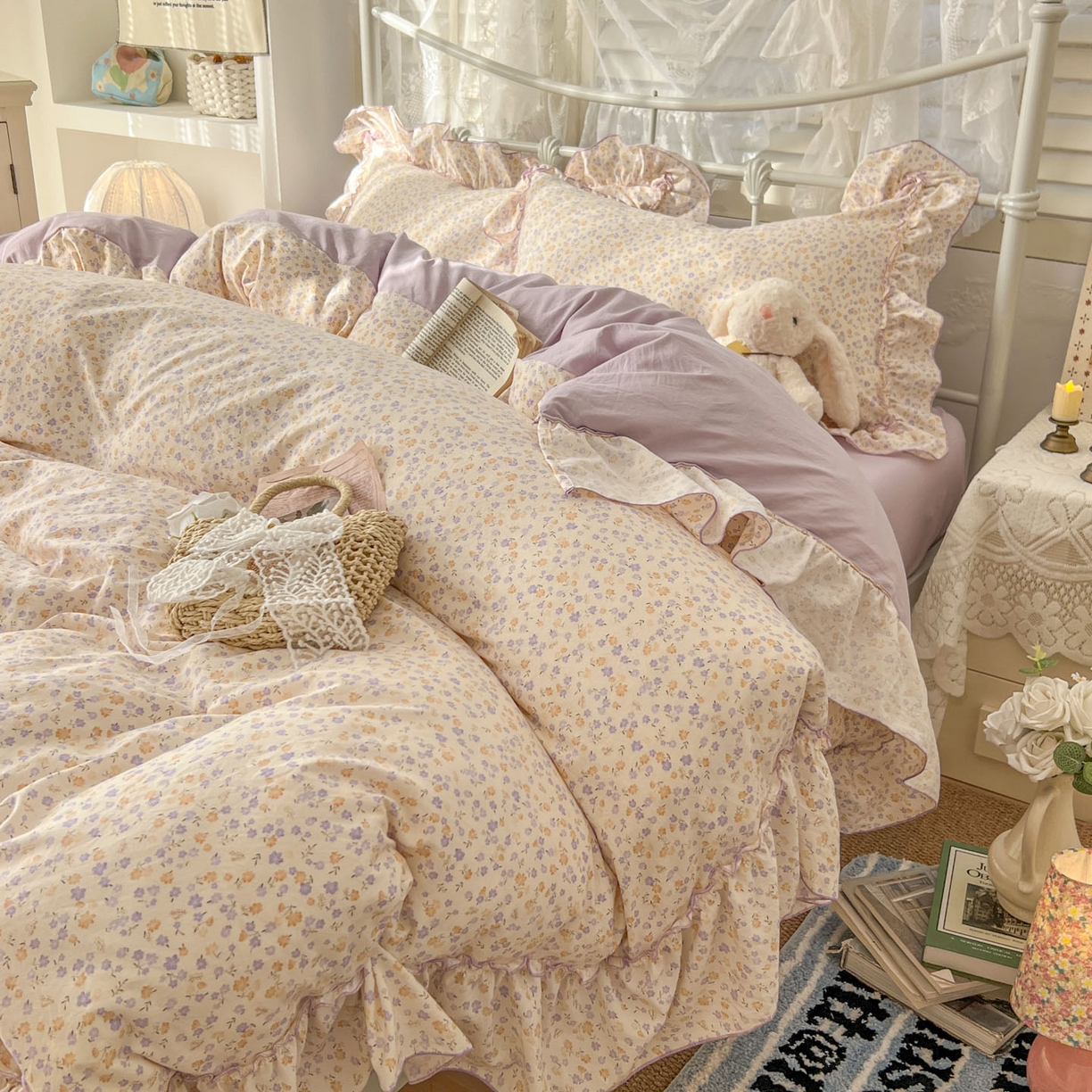 91家纺网 家纺一手货源 找家纺 睡美美家纺 2026新款水洗云朵棉亲肤花边款四件套 小碎花