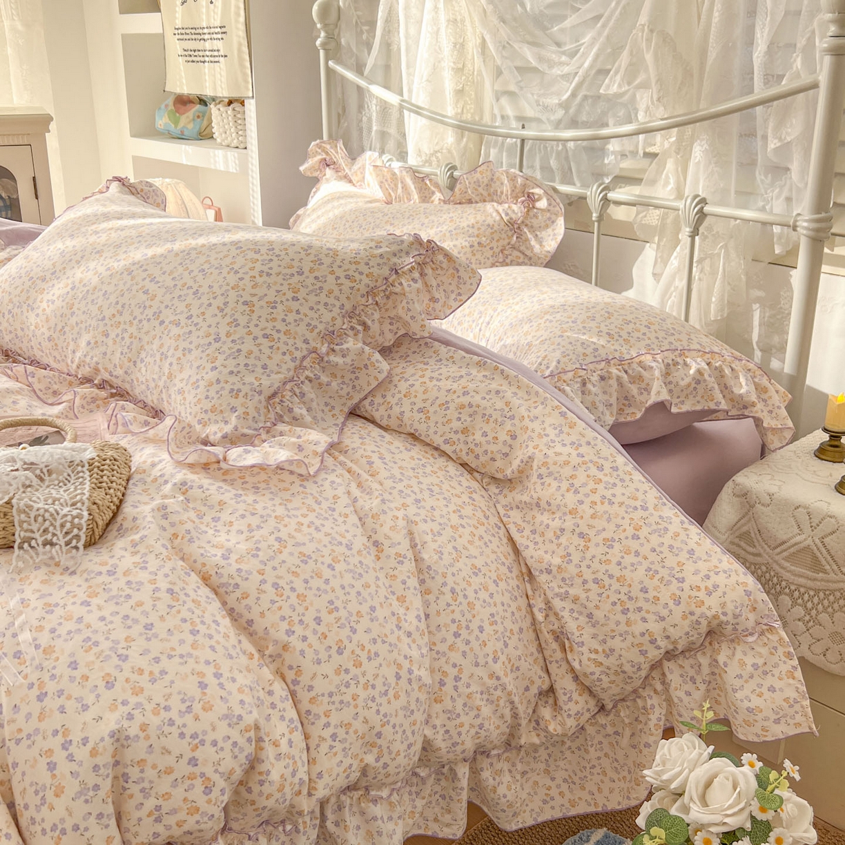 91家纺网 家纺一手货源 找家纺 睡美美家纺 2026新款水洗云朵棉亲肤花边款四件套 小碎花