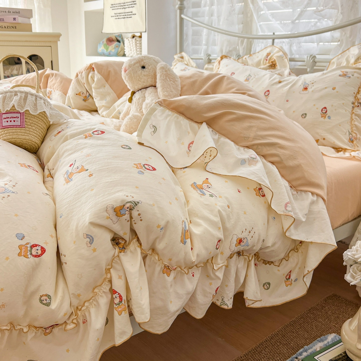 91家纺网 家纺一手货源 找家纺 睡美美家纺 2026新款水洗云朵棉亲肤花边款四件套 星星人