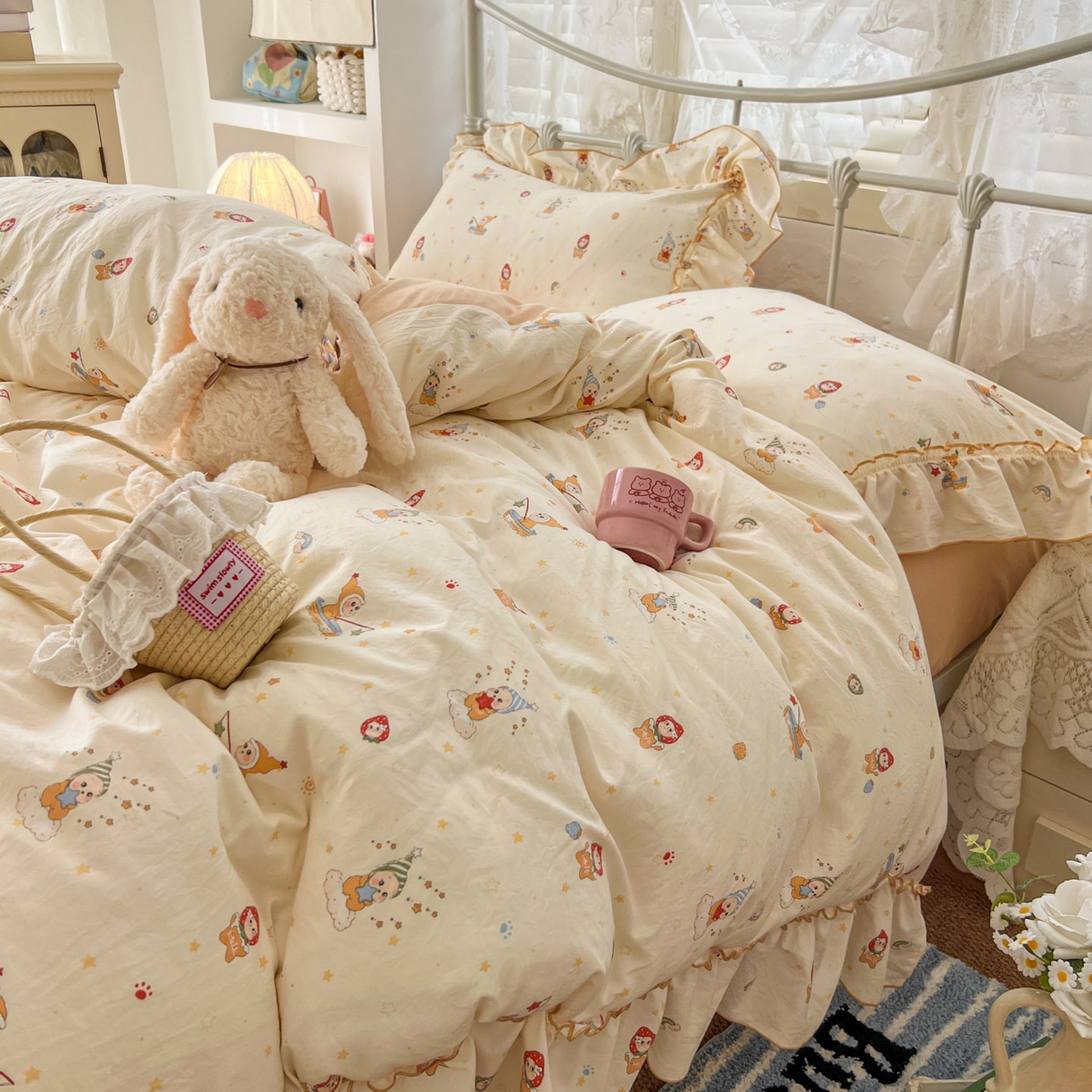 91家纺网 家纺一手货源 找家纺 睡美美家纺 2026新款水洗云朵棉亲肤花边款四件套 星星人