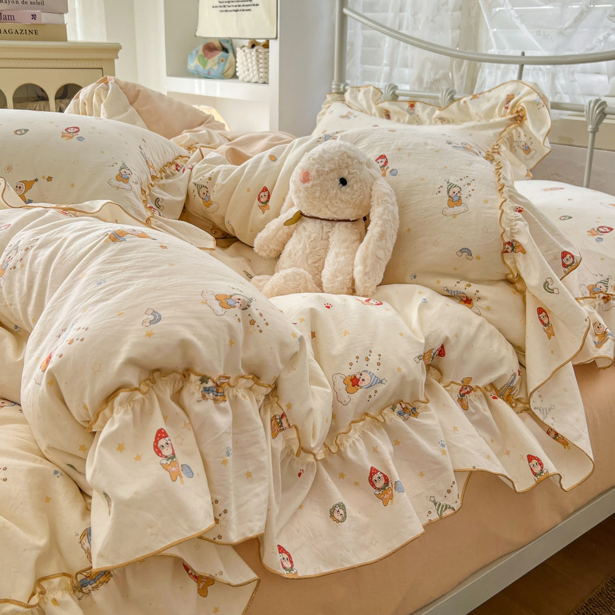 91家纺网 家纺一手货源 找家纺 睡美美家纺 2026新款水洗云朵棉亲肤花边款四件套 星星人