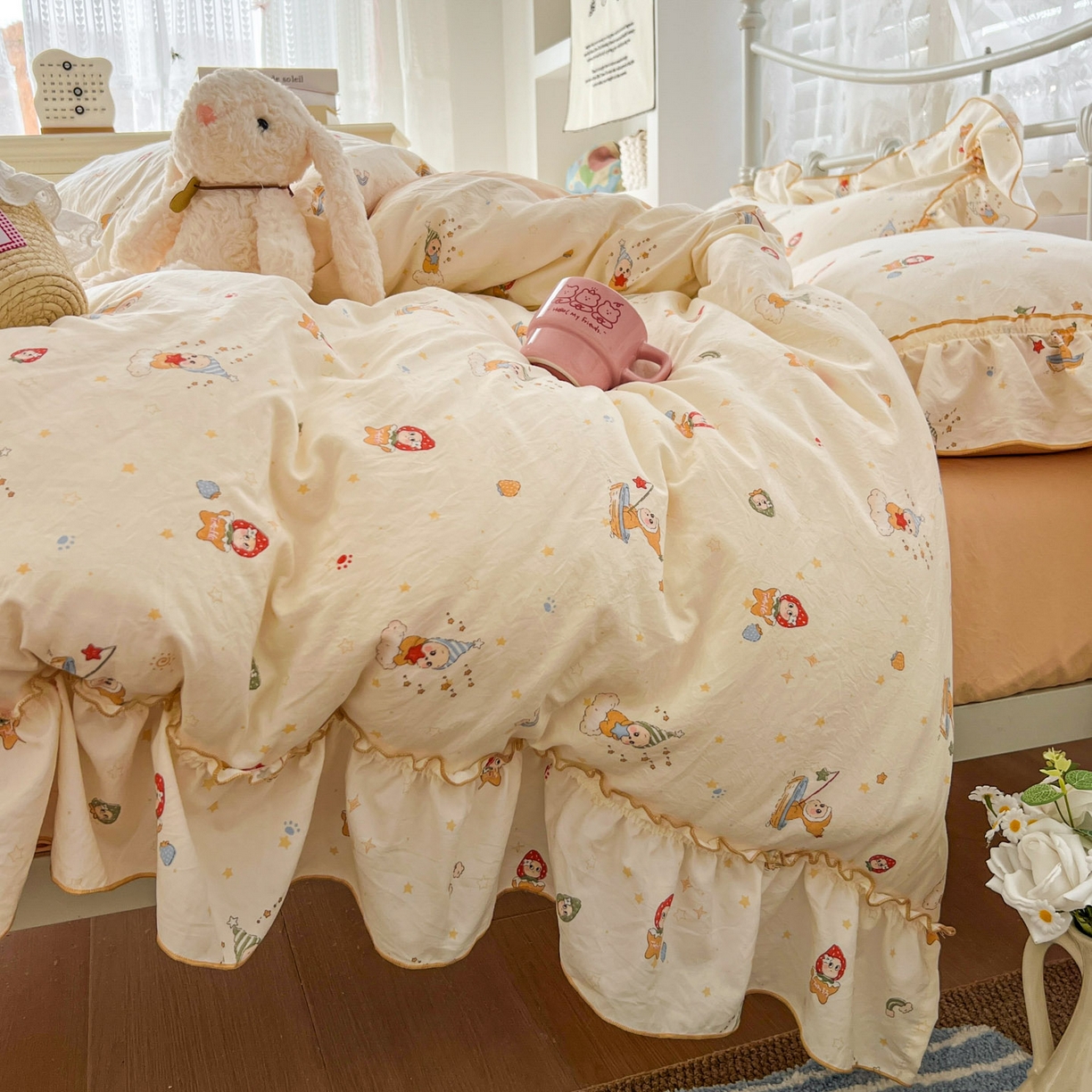 91家纺网 家纺一手货源 找家纺 睡美美家纺 2026新款水洗云朵棉亲肤花边款四件套 星星人