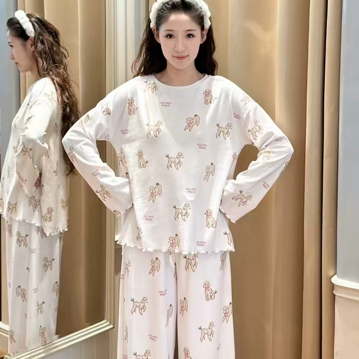 妍景家居生活馆 2026新款混纺-满印贵宾犬套装 米白色