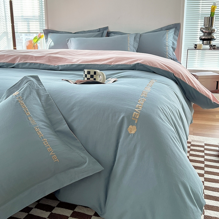 拼社家纺 2026新款A类色织全棉水洗棉四件套纯棉四件套刺绣床上用品-漫系列 繁星蓝+玫瑰粉