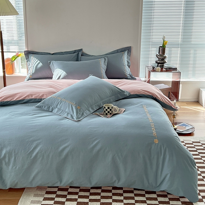 91家纺网 家纺一手货源 找家纺 拼社家纺 2026新款A类色织全棉水洗棉四件套纯棉四件套刺绣床上用品-漫系列 繁星蓝+玫瑰粉