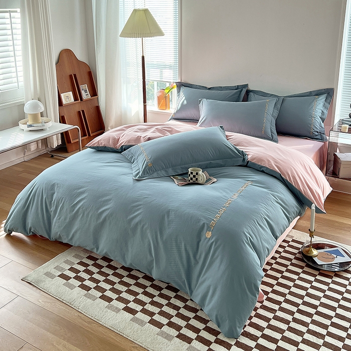 91家纺网 家纺一手货源 找家纺 拼社家纺 2026新款A类色织全棉水洗棉四件套纯棉四件套刺绣床上用品-漫系列 繁星蓝+玫瑰粉