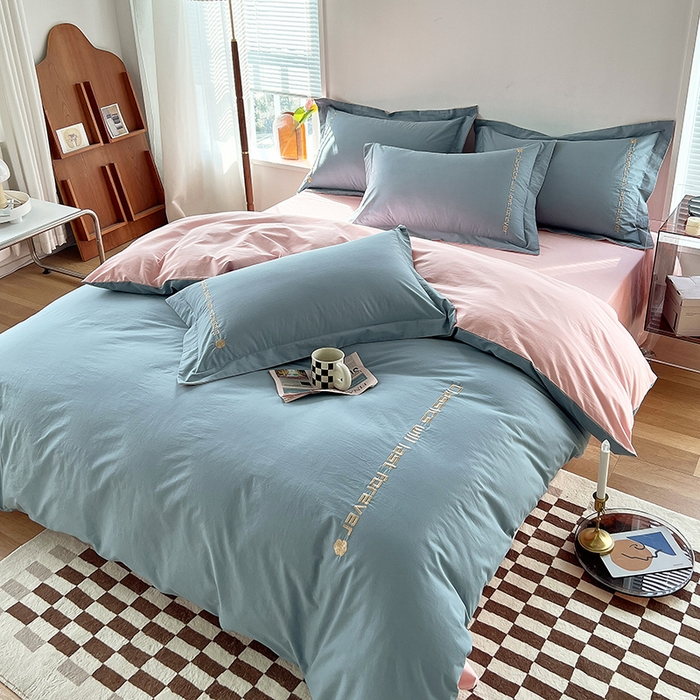 91家纺网 家纺一手货源 找家纺 拼社家纺 2026新款A类色织全棉水洗棉四件套纯棉四件套刺绣床上用品-漫系列 繁星蓝+玫瑰粉