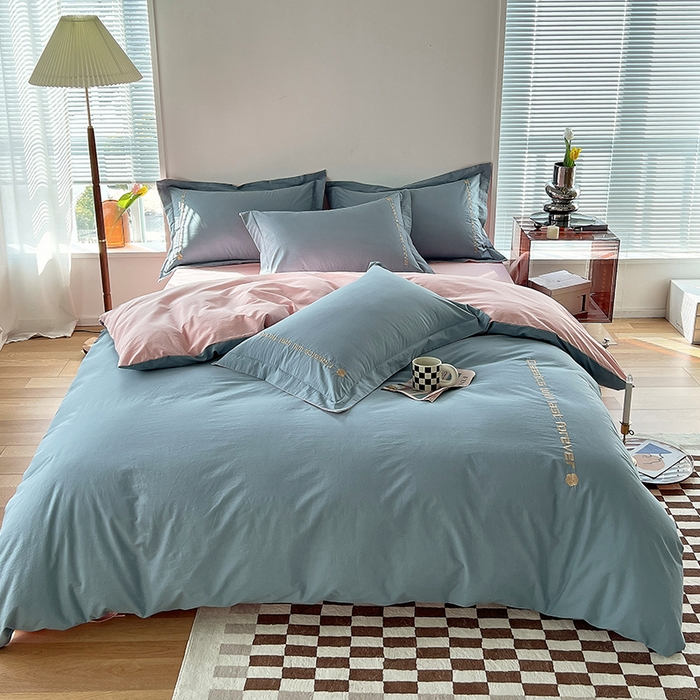 91家纺网 家纺一手货源 找家纺 拼社家纺 2026新款A类色织全棉水洗棉四件套纯棉四件套刺绣床上用品-漫系列 繁星蓝+玫瑰粉