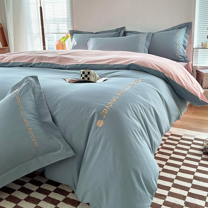 91家纺网 家纺一手货源 找家纺 拼社家纺 2026新款A类色织全棉水洗棉四件套纯棉四件套刺绣床上用品-漫系列 繁星蓝+玫瑰粉