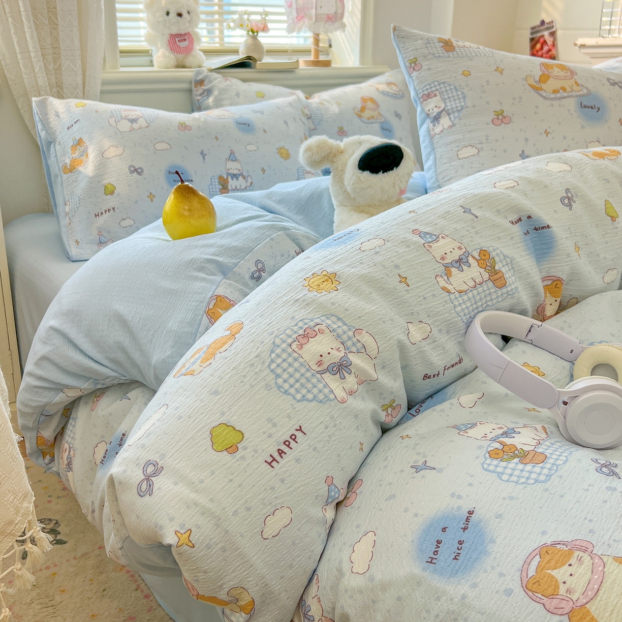 金梦拉家纺 2026春夏新款云感双层纱皱皱纱系列四件套 芭宠假日蓝