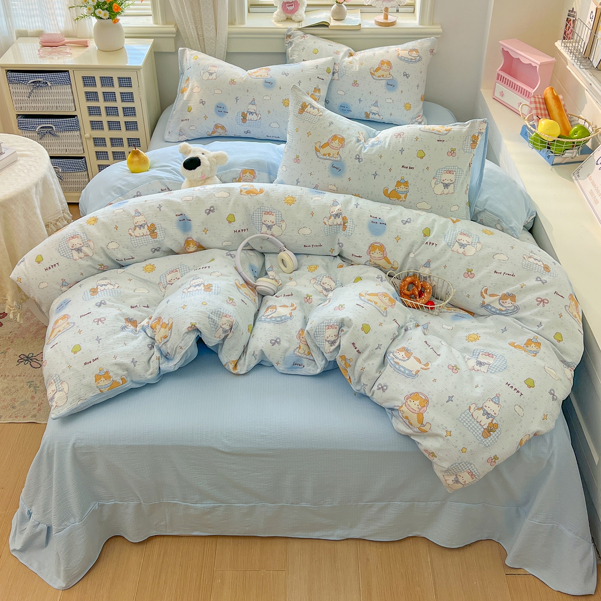 91家纺网 家纺一手货源 找家纺 金梦拉家纺 2026春夏新款云感双层纱皱皱纱系列四件套 芭宠假日蓝