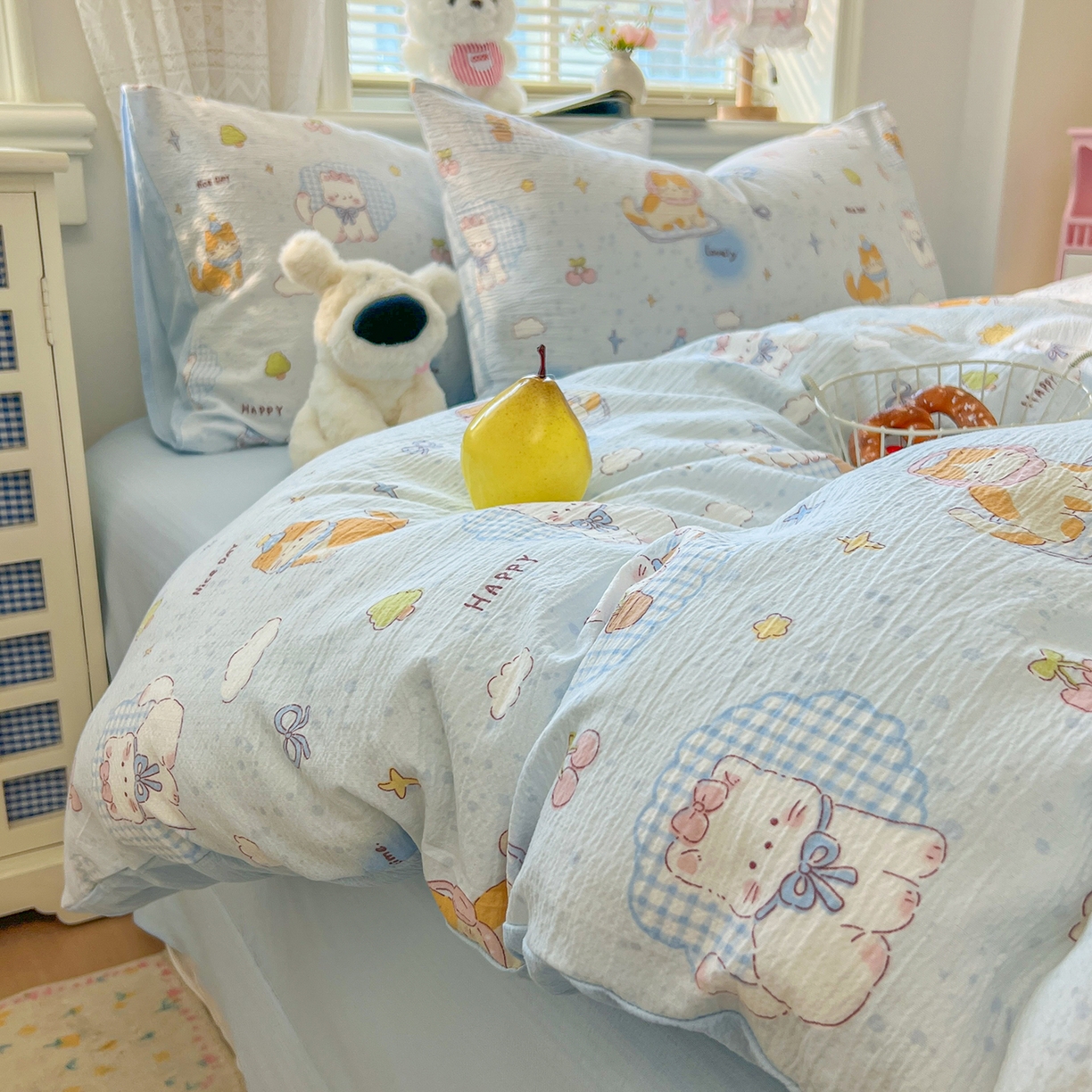 91家纺网 家纺一手货源 找家纺 金梦拉家纺 2026春夏新款云感双层纱皱皱纱系列四件套 芭宠假日蓝