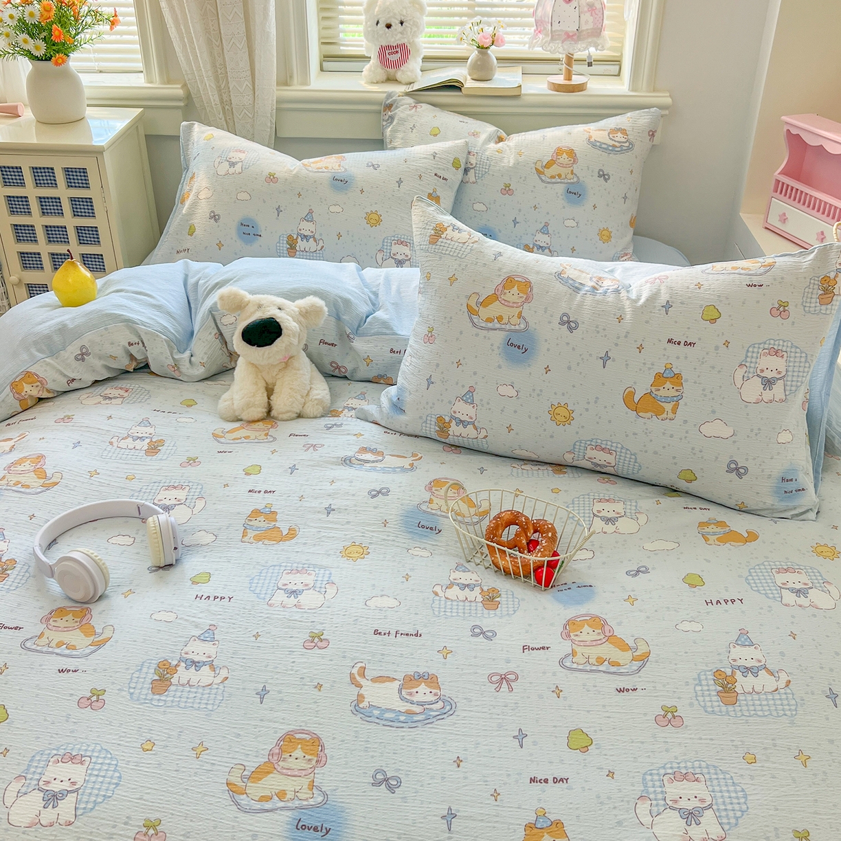 91家纺网 家纺一手货源 找家纺 金梦拉家纺 2026春夏新款云感双层纱皱皱纱系列四件套 芭宠假日蓝