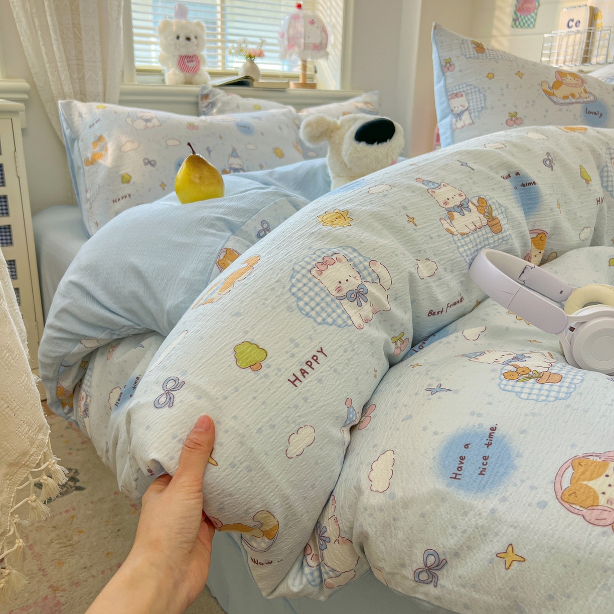 91家纺网 家纺一手货源 找家纺 金梦拉家纺 2026春夏新款云感双层纱皱皱纱系列四件套 芭宠假日蓝