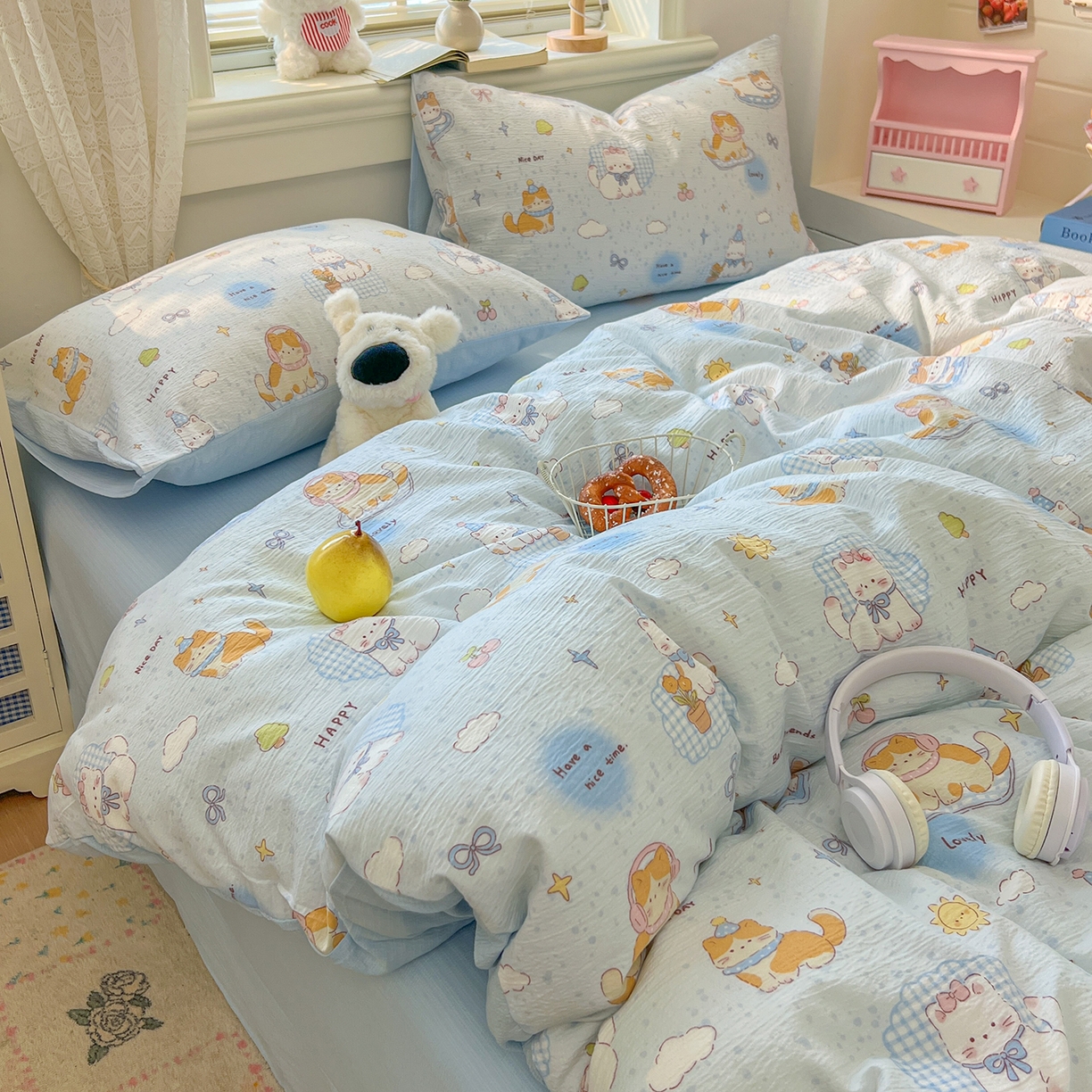 91家纺网 家纺一手货源 找家纺 金梦拉家纺 2026春夏新款云感双层纱皱皱纱系列四件套 芭宠假日蓝