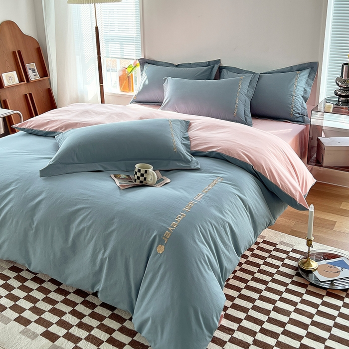 91家纺网 家纺一手货源 找家纺 拼社家纺 2026新款A类色织全棉水洗棉四件套纯棉四件套刺绣床上用品-漫系列 繁星蓝+玫瑰粉