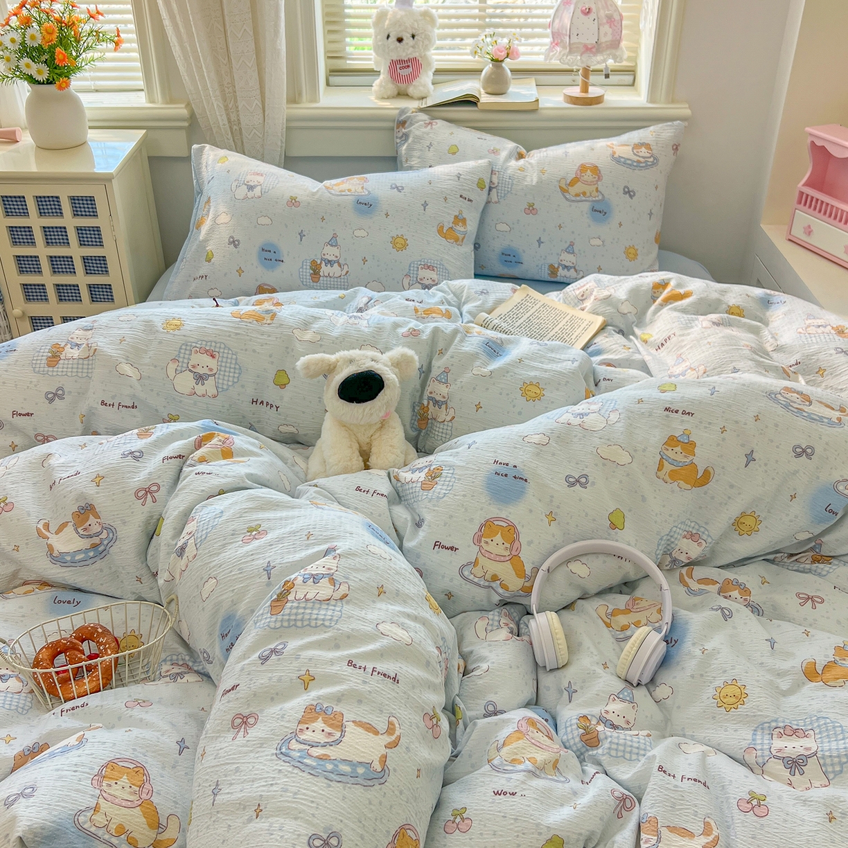 91家纺网 家纺一手货源 找家纺 金梦拉家纺 2026春夏新款云感双层纱皱皱纱系列四件套 芭宠假日蓝