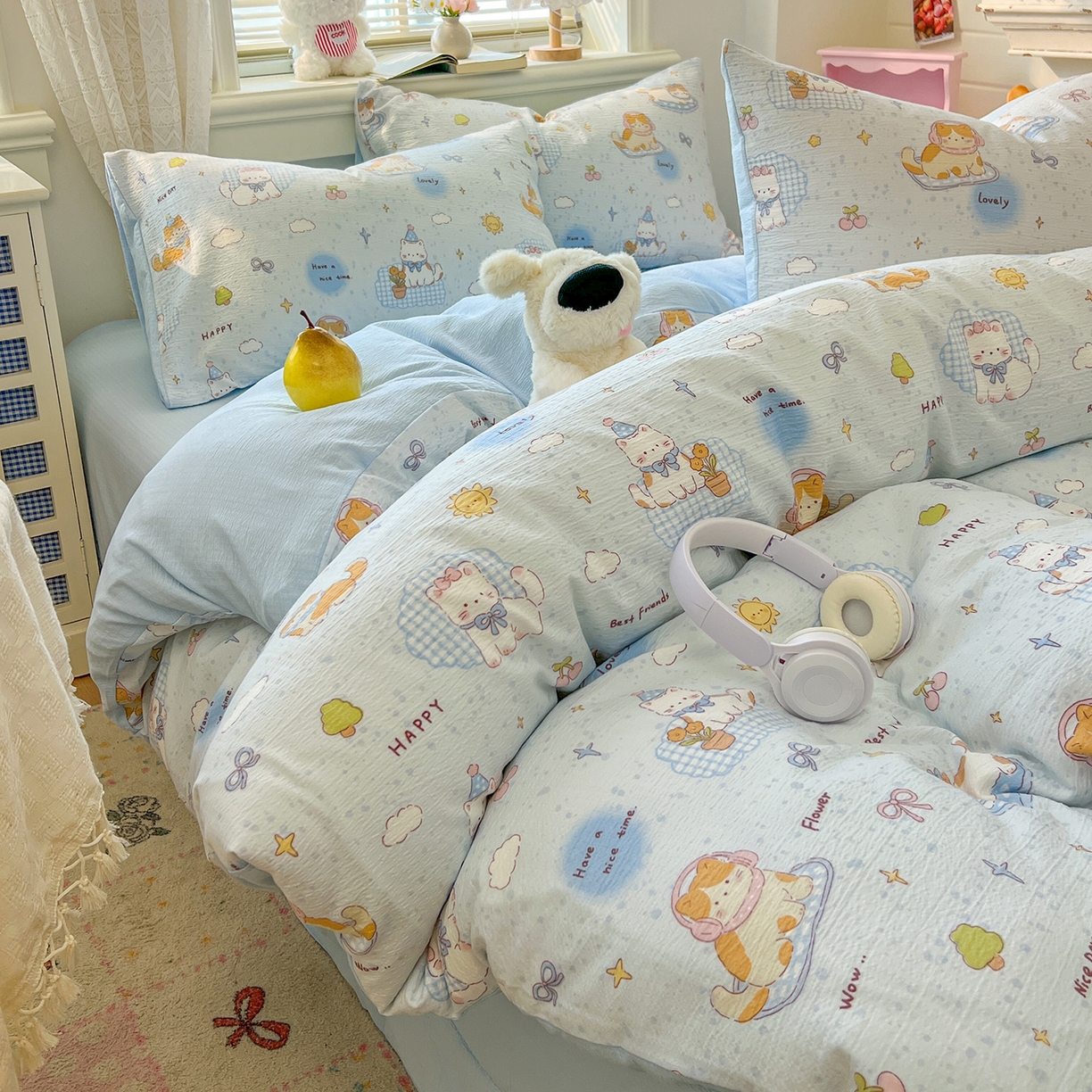 91家纺网 家纺一手货源 找家纺 金梦拉家纺 2026春夏新款云感双层纱皱皱纱系列四件套 芭宠假日蓝