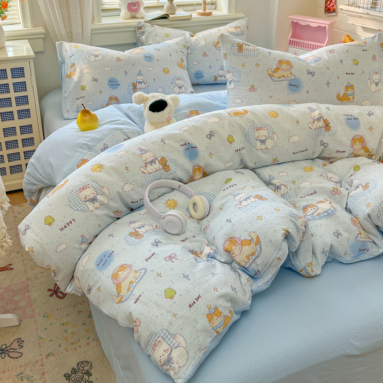 91家纺网 家纺一手货源 找家纺 金梦拉家纺 2026春夏新款云感双层纱皱皱纱系列四件套 芭宠假日蓝