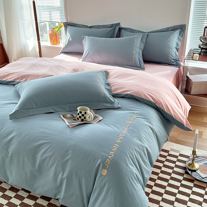 91家纺网 家纺一手货源 找家纺 拼社家纺 2026新款A类色织全棉水洗棉四件套纯棉四件套刺绣床上用品-漫系列 繁星蓝+玫瑰粉