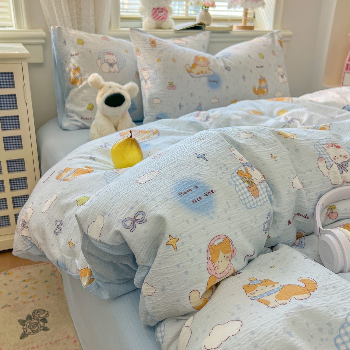 91家纺网 家纺一手货源 找家纺 金梦拉家纺 2026春夏新款云感双层纱皱皱纱系列四件套 芭宠假日蓝