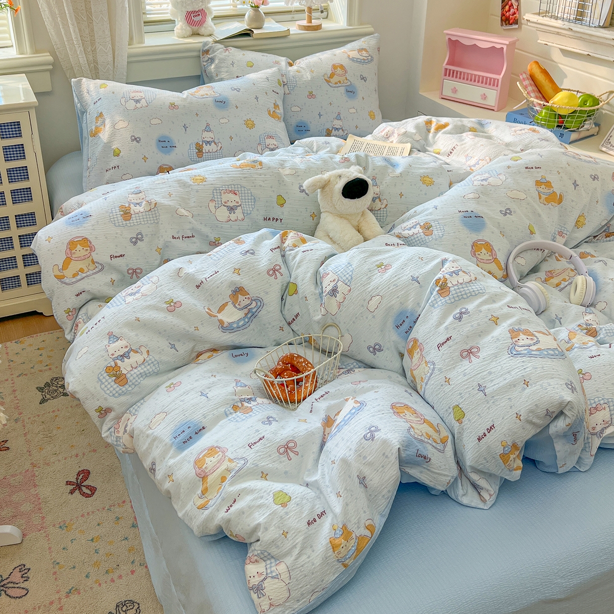 91家纺网 家纺一手货源 找家纺 金梦拉家纺 2026春夏新款云感双层纱皱皱纱系列四件套 芭宠假日蓝