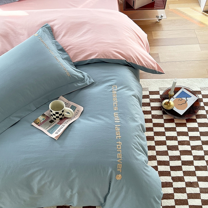 91家纺网 家纺一手货源 找家纺 拼社家纺 2026新款A类色织全棉水洗棉四件套纯棉四件套刺绣床上用品-漫系列 繁星蓝+玫瑰粉