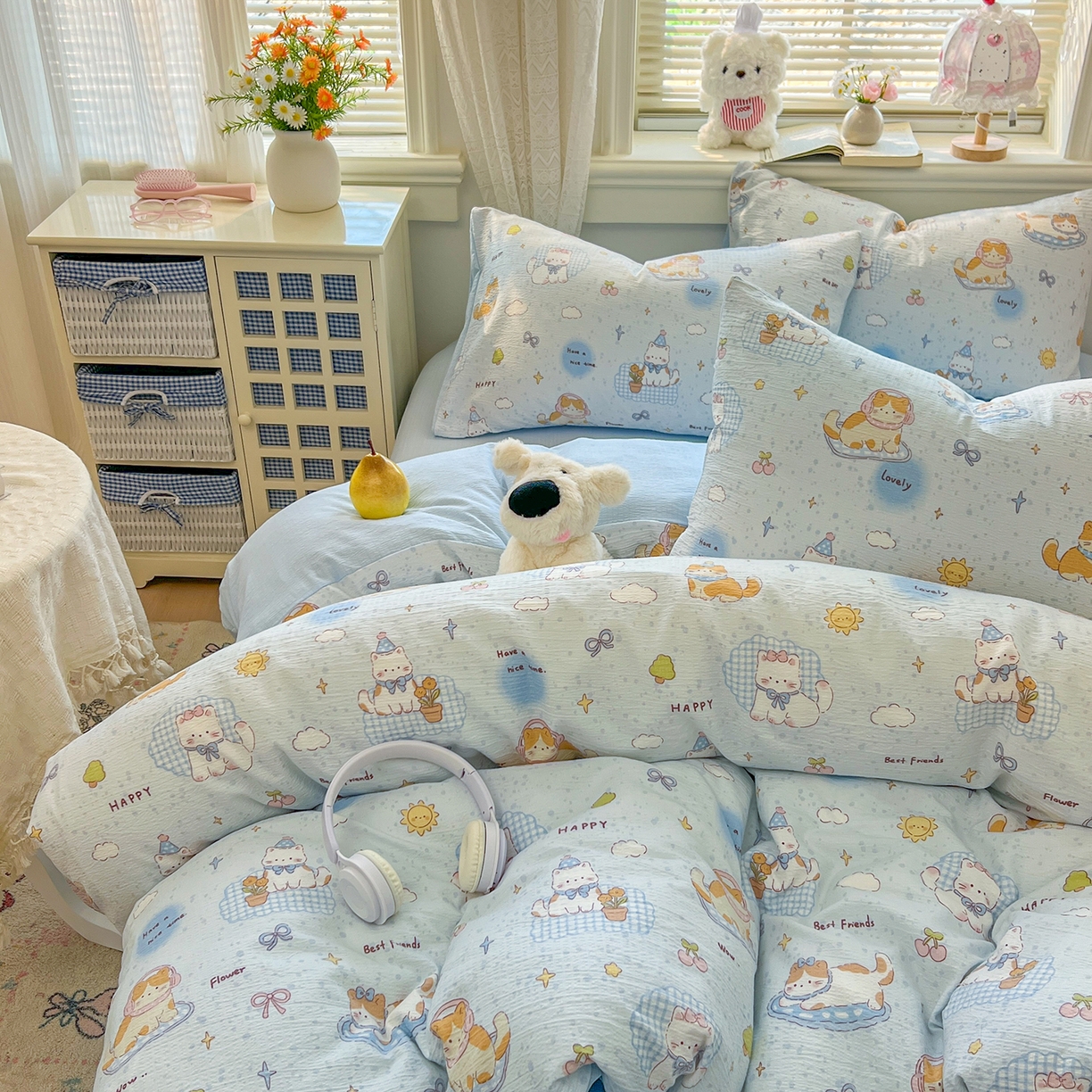 91家纺网 家纺一手货源 找家纺 金梦拉家纺 2026春夏新款云感双层纱皱皱纱系列四件套 芭宠假日蓝