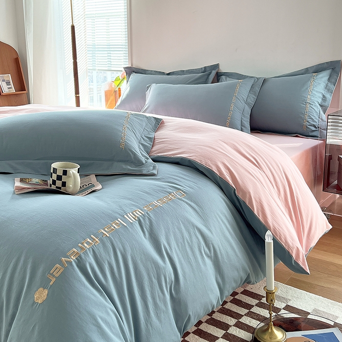 91家纺网 家纺一手货源 找家纺 拼社家纺 2026新款A类色织全棉水洗棉四件套纯棉四件套刺绣床上用品-漫系列 繁星蓝+玫瑰粉