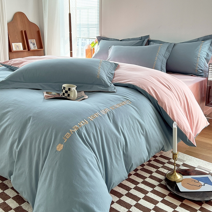 91家纺网 家纺一手货源 找家纺 拼社家纺 2026新款A类色织全棉水洗棉四件套纯棉四件套刺绣床上用品-漫系列 繁星蓝+玫瑰粉