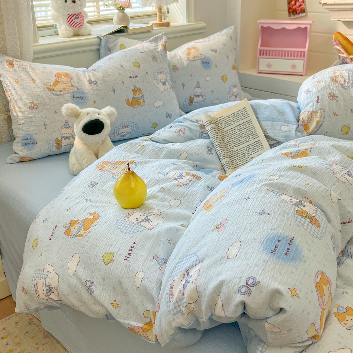 91家纺网 家纺一手货源 找家纺 金梦拉家纺 2026春夏新款云感双层纱皱皱纱系列四件套 芭宠假日蓝