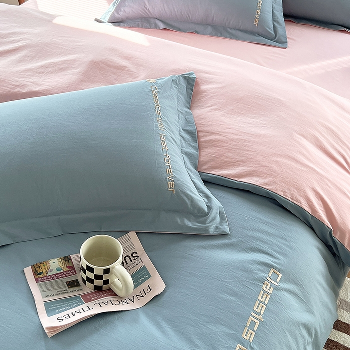 91家纺网 家纺一手货源 找家纺 拼社家纺 2026新款A类色织全棉水洗棉四件套纯棉四件套刺绣床上用品-漫系列 繁星蓝+玫瑰粉