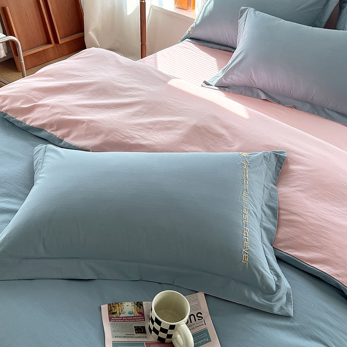 91家纺网 家纺一手货源 找家纺 拼社家纺 2026新款A类色织全棉水洗棉四件套纯棉四件套刺绣床上用品-漫系列 繁星蓝+玫瑰粉