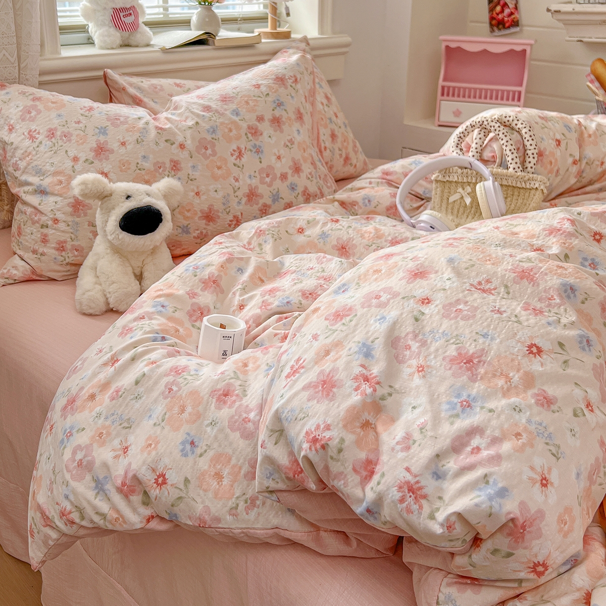 91家纺网 家纺一手货源 找家纺 金梦拉家纺 2026春夏新款云感双层纱皱皱纱系列四件套 白桃乌龙