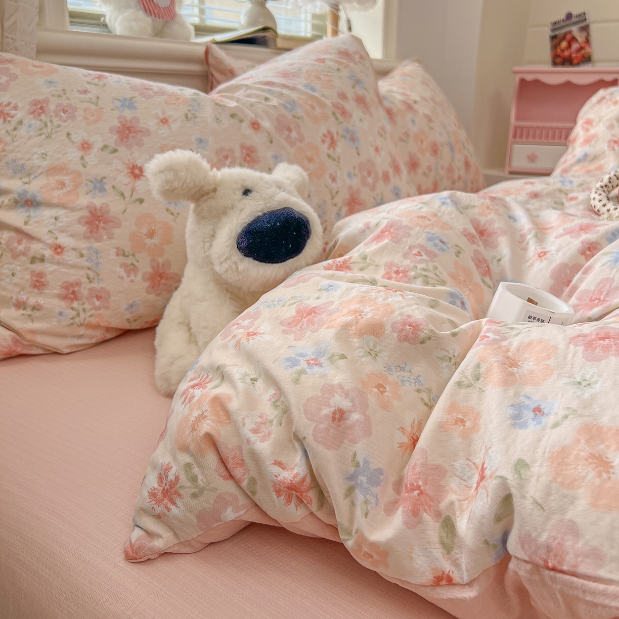 91家纺网 家纺一手货源 找家纺 金梦拉家纺 2026春夏新款云感双层纱皱皱纱系列四件套 白桃乌龙