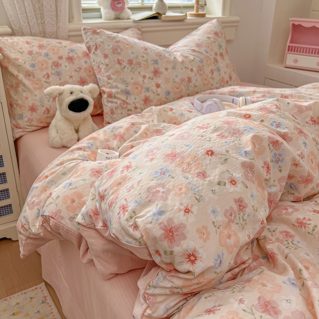 91家纺网 家纺一手货源 找家纺 金梦拉家纺 2026春夏新款云感双层纱皱皱纱系列四件套 白桃乌龙