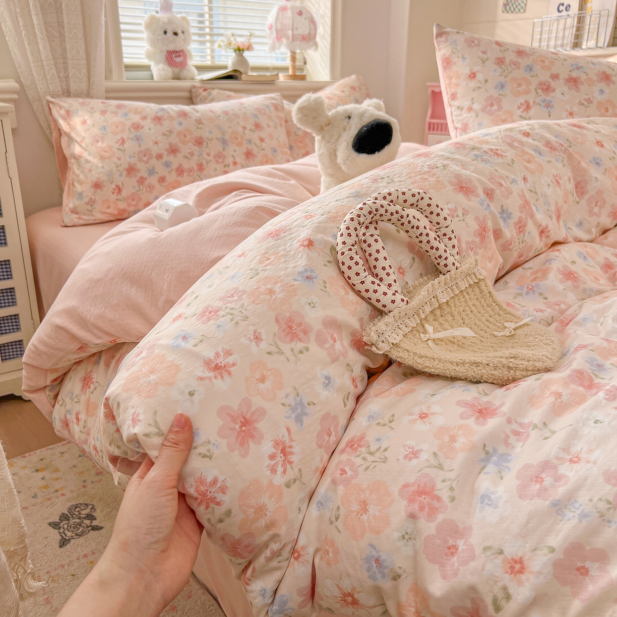 91家纺网 家纺一手货源 找家纺 金梦拉家纺 2026春夏新款云感双层纱皱皱纱系列四件套 白桃乌龙