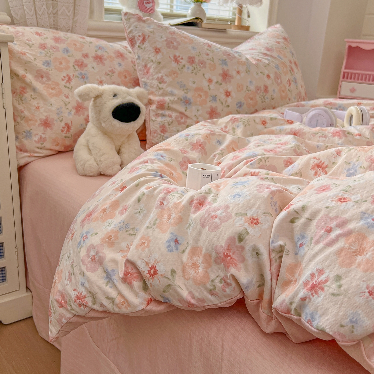 91家纺网 家纺一手货源 找家纺 金梦拉家纺 2026春夏新款云感双层纱皱皱纱系列四件套 白桃乌龙