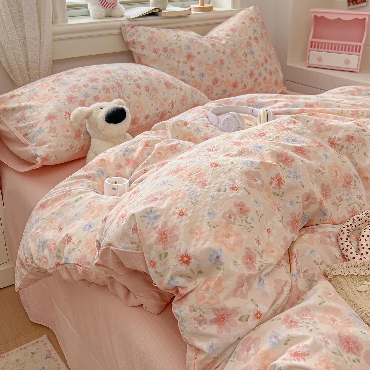 91家纺网 家纺一手货源 找家纺 金梦拉家纺 2026春夏新款云感双层纱皱皱纱系列四件套 白桃乌龙