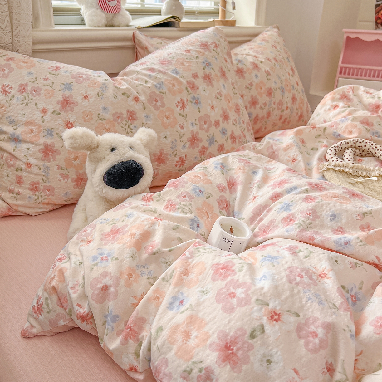 91家纺网 家纺一手货源 找家纺 金梦拉家纺 2026春夏新款云感双层纱皱皱纱系列四件套 白桃乌龙