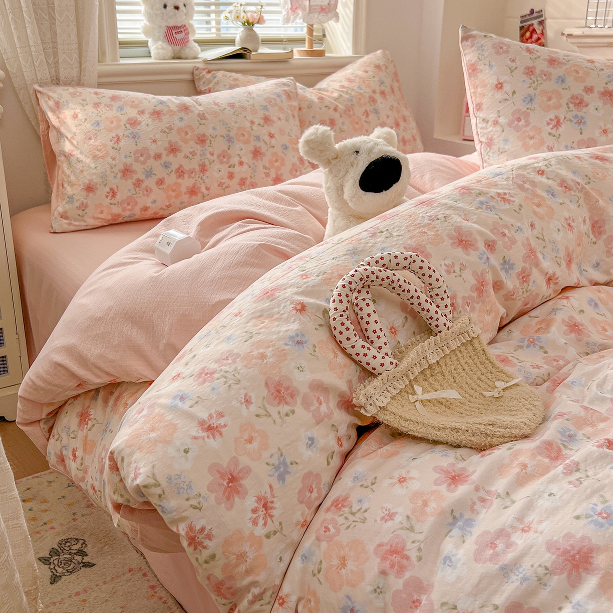 91家纺网 家纺一手货源 找家纺 金梦拉家纺 2026春夏新款云感双层纱皱皱纱系列四件套 白桃乌龙