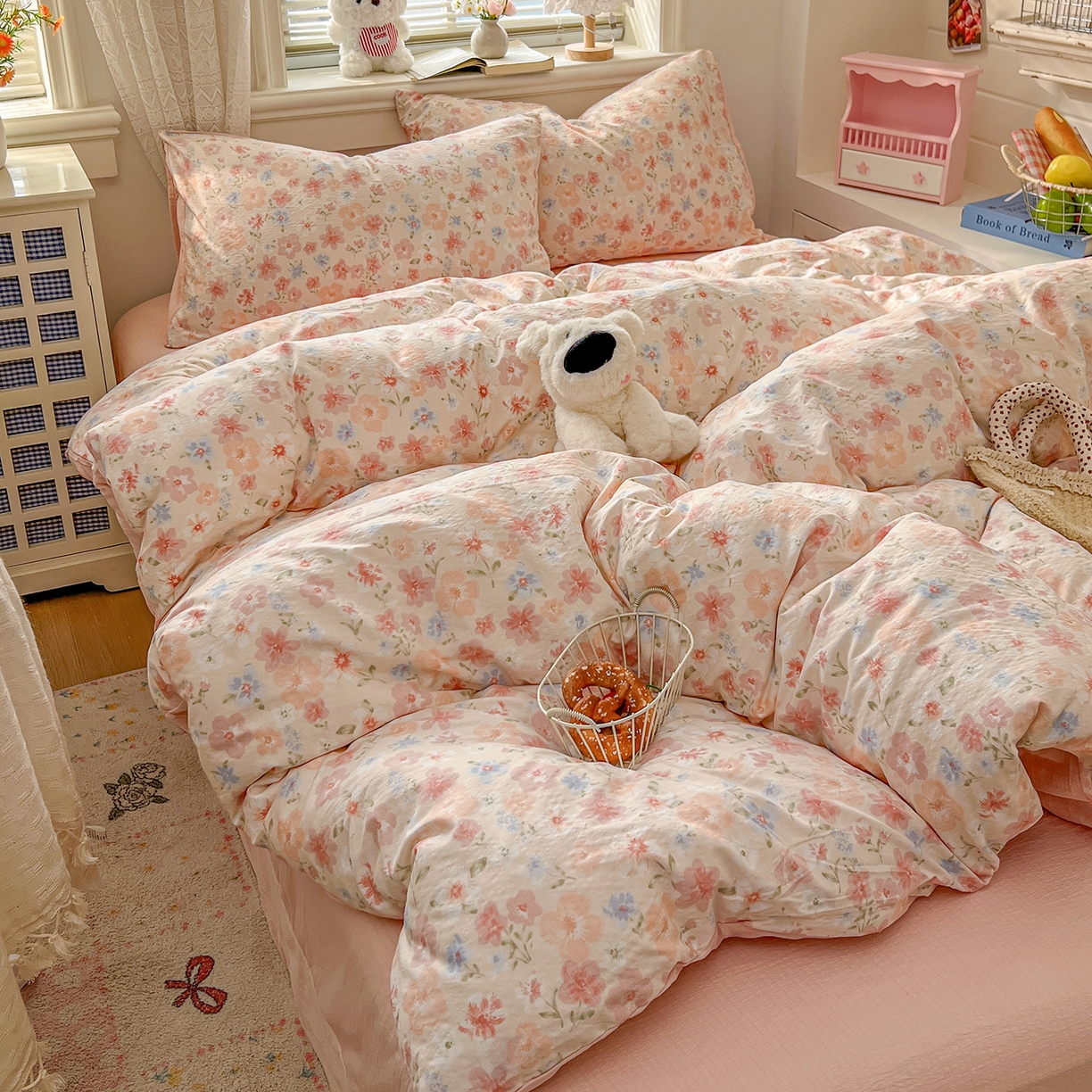 91家纺网 家纺一手货源 找家纺 金梦拉家纺 2026春夏新款云感双层纱皱皱纱系列四件套 白桃乌龙