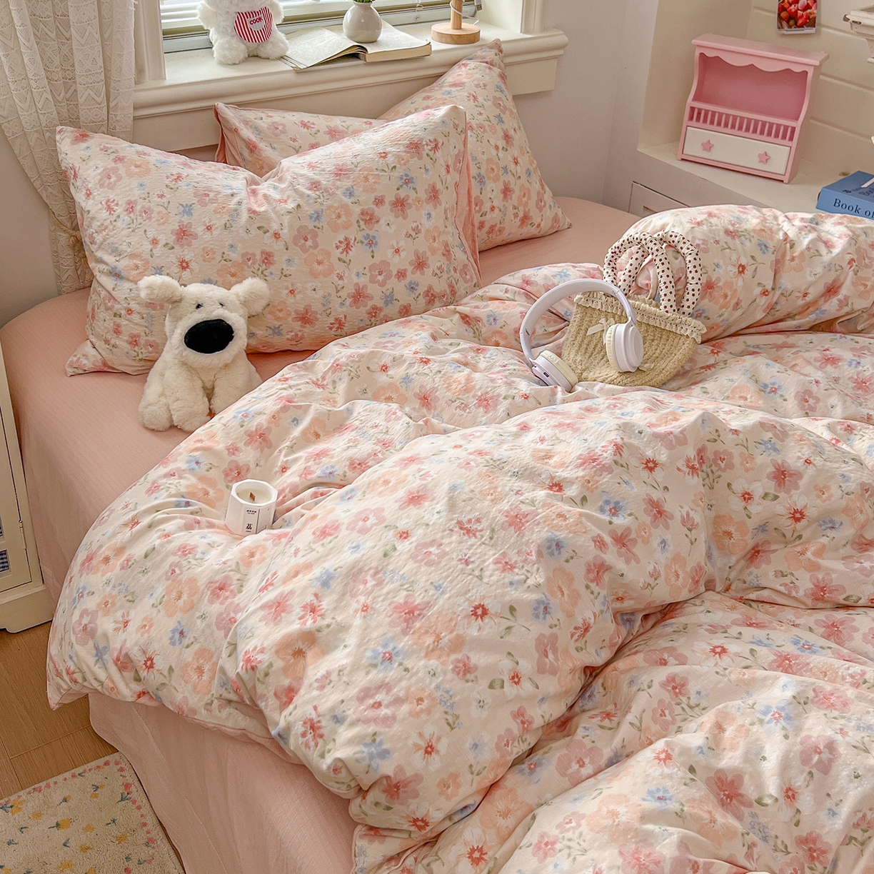 91家纺网 家纺一手货源 找家纺 金梦拉家纺 2026春夏新款云感双层纱皱皱纱系列四件套 白桃乌龙