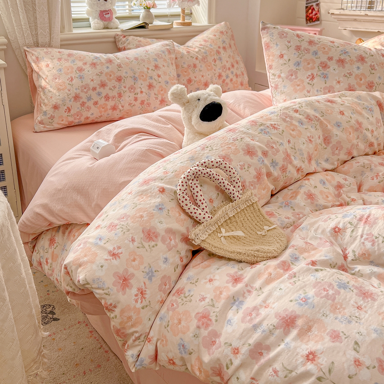 91家纺网 家纺一手货源 找家纺 金梦拉家纺 2026春夏新款云感双层纱皱皱纱系列四件套 白桃乌龙