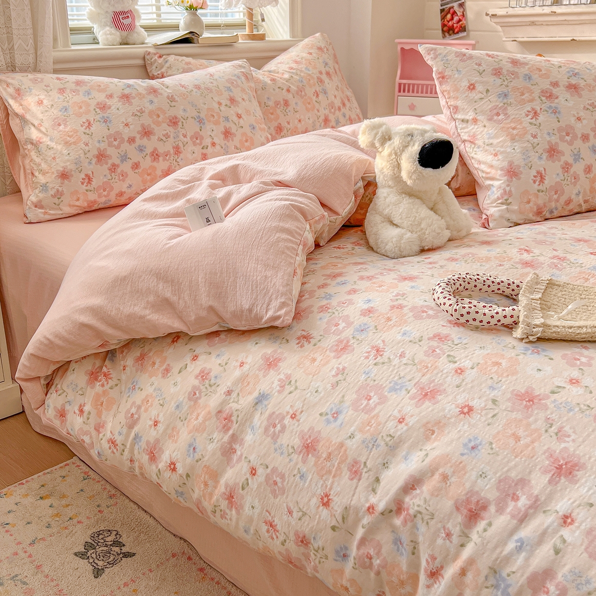 91家纺网 家纺一手货源 找家纺 金梦拉家纺 2026春夏新款云感双层纱皱皱纱系列四件套 白桃乌龙