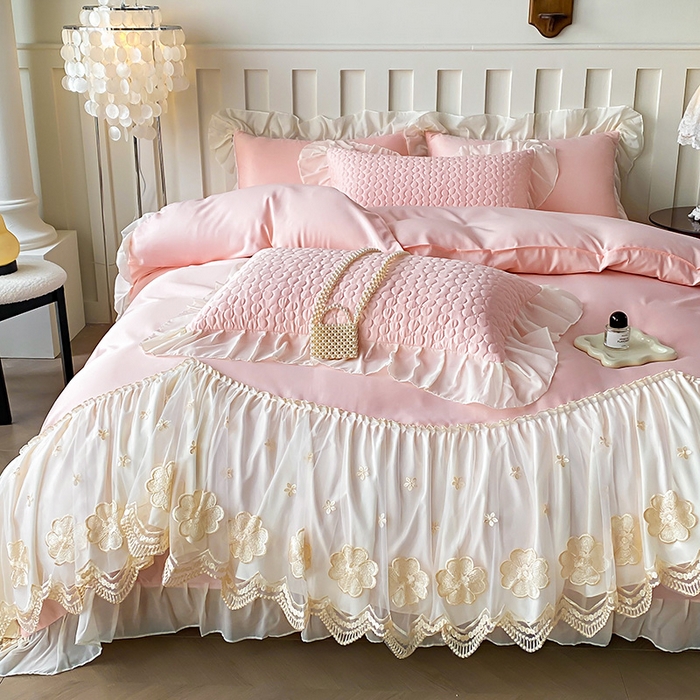 91家纺网 家纺一手货源 找家纺 （总）花香四季家纺 2026新款法式天丝棉蕾丝雪纺仙女风夹棉床裙款四件套