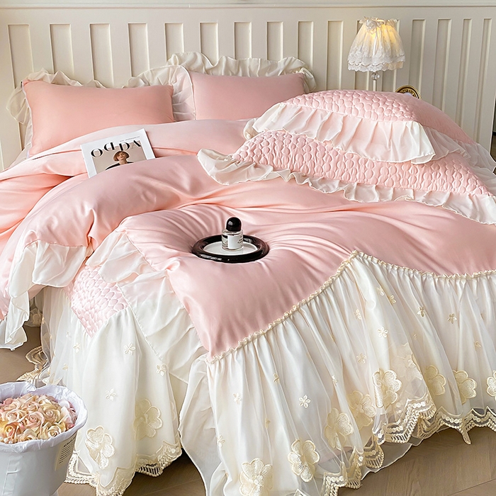 91家纺网 家纺一手货源 找家纺 （总）花香四季家纺 2026新款法式天丝棉蕾丝雪纺仙女风夹棉床裙款四件套