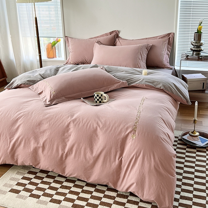 91家纺网 家纺一手货源 找家纺 拼社家纺 2026新款A类色织全棉水洗棉四件套纯棉四件套刺绣床上用品-漫系列 红豆沙+雅灰