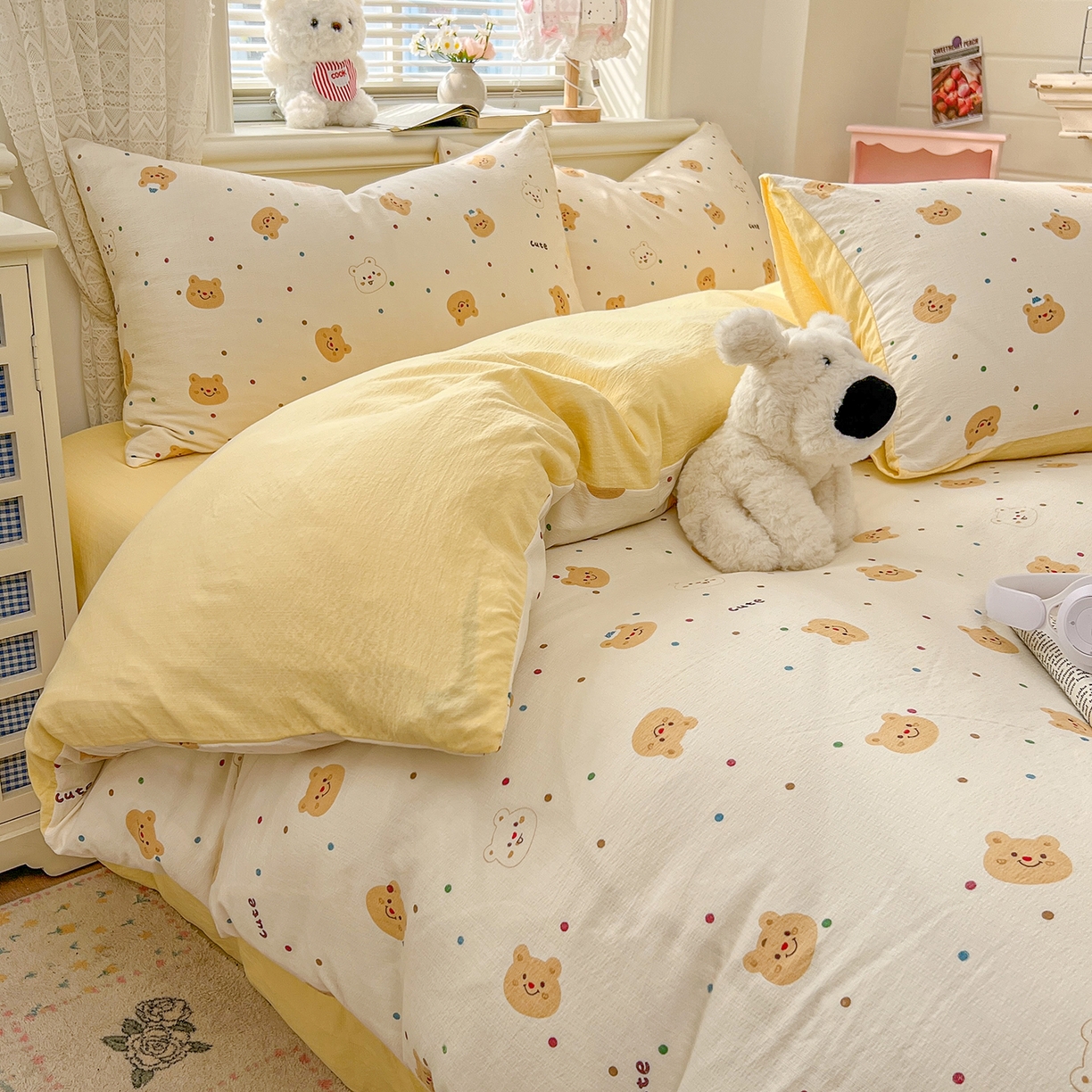 91家纺网 家纺一手货源 找家纺 金梦拉家纺 2026春夏新款云感双层纱皱皱纱系列四件套 波点熊