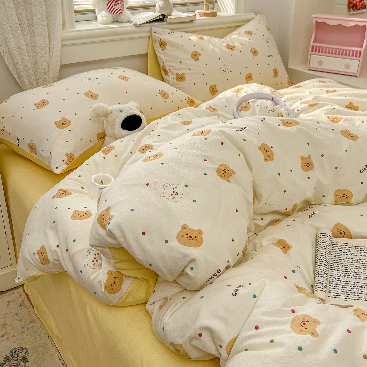 91家纺网 家纺一手货源 找家纺 金梦拉家纺 2026春夏新款云感双层纱皱皱纱系列四件套 波点熊